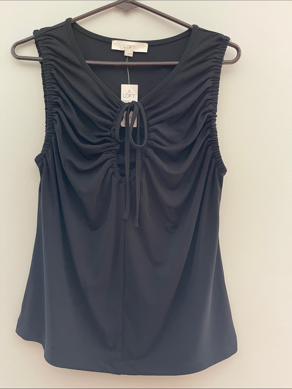 LOFT Black Ruched Sleeveless Tie-Front Tank